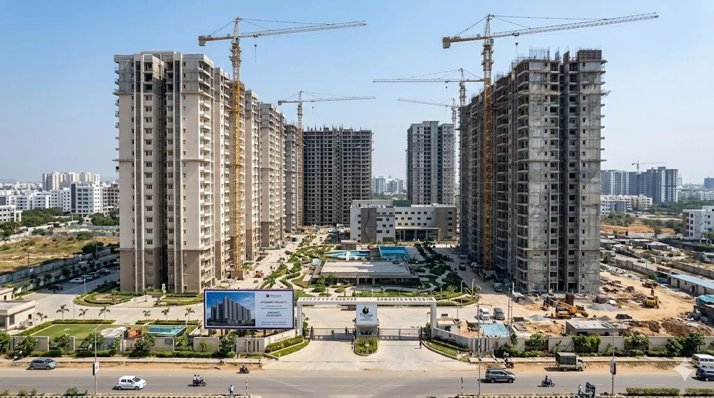 Architectural rendering of premium upcoming residential projects by Prestige Group in Hyderabad.